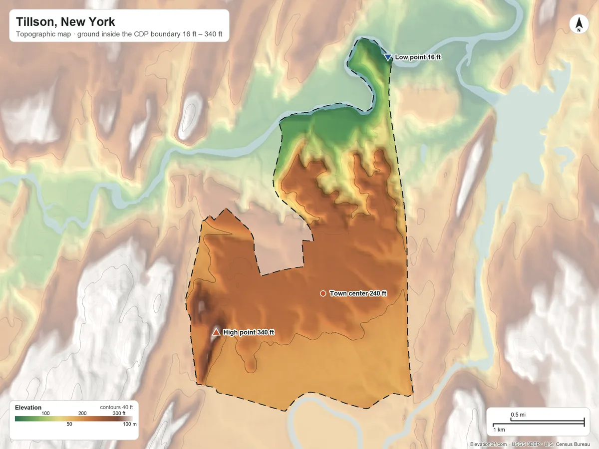 Topographic elevation map of Tillson, New York, shaded from 16 ft on the north side to 340 ft at the foot of the Marlboro Mountains