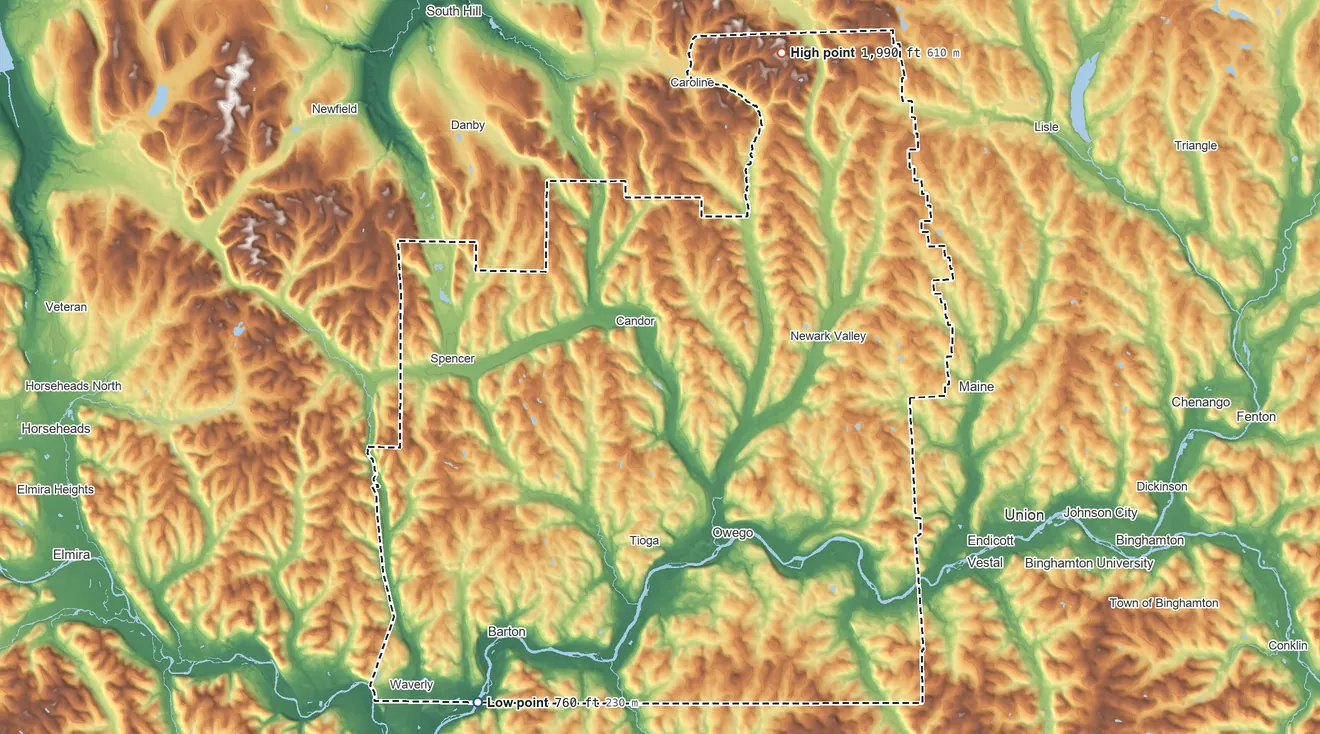 Topographic elevation map of Tioga County, New York, shaded from 760 ft on the southwest side to 1,990 ft on the north side