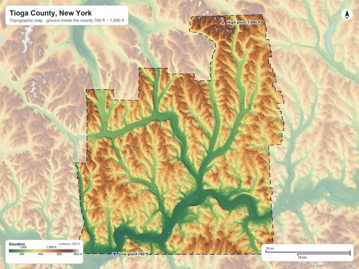 Topographic elevation map of Tioga County, New York, shaded from 760 ft on the southwest side to 1,990 ft on the north side