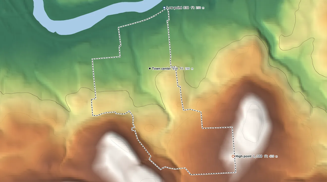Topographic elevation map of Tioga Terrace, New York, shaded from 830 ft on the north side to 1,380 ft on the southeast edge, below higher ground just outside