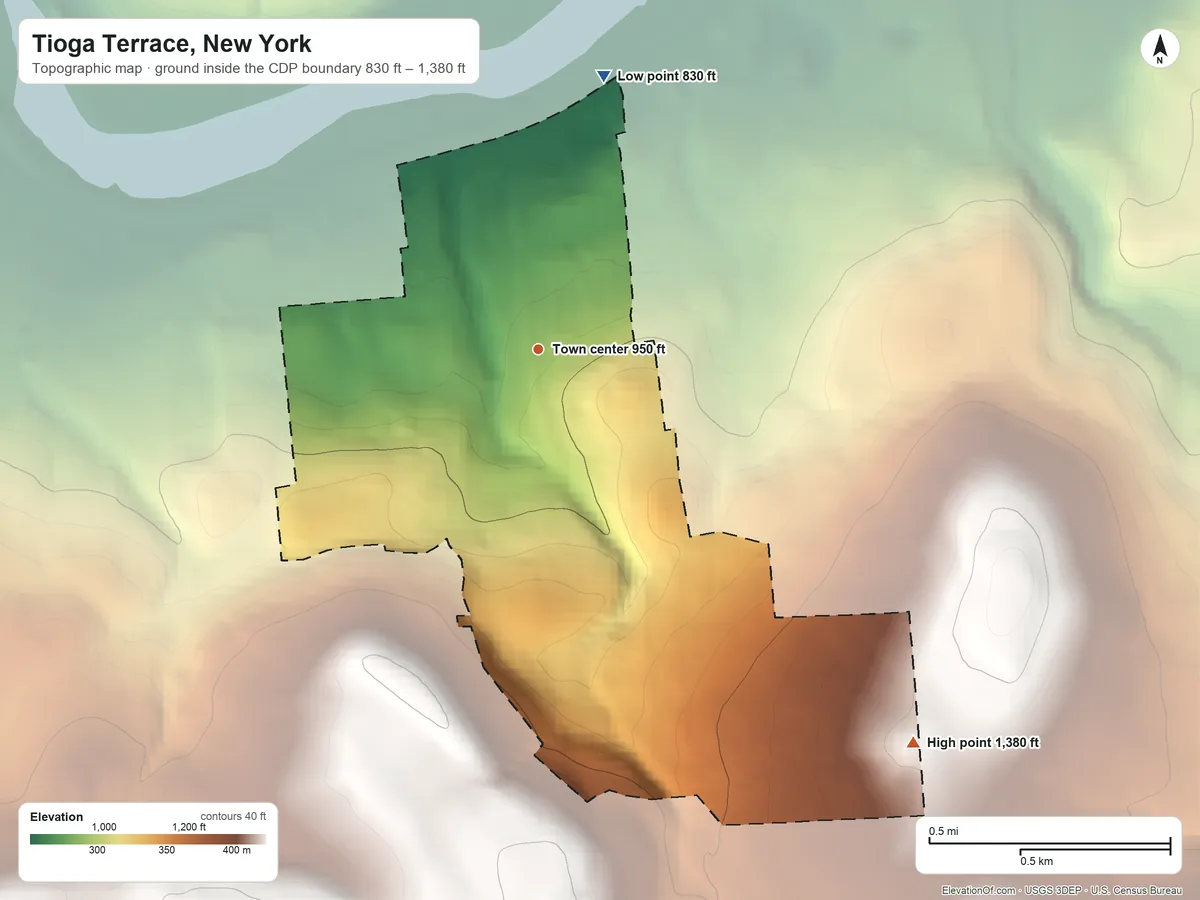 Topographic elevation map of Tioga Terrace, New York, shaded from 830 ft on the north side to 1,380 ft on the southeast edge, below higher ground just outside