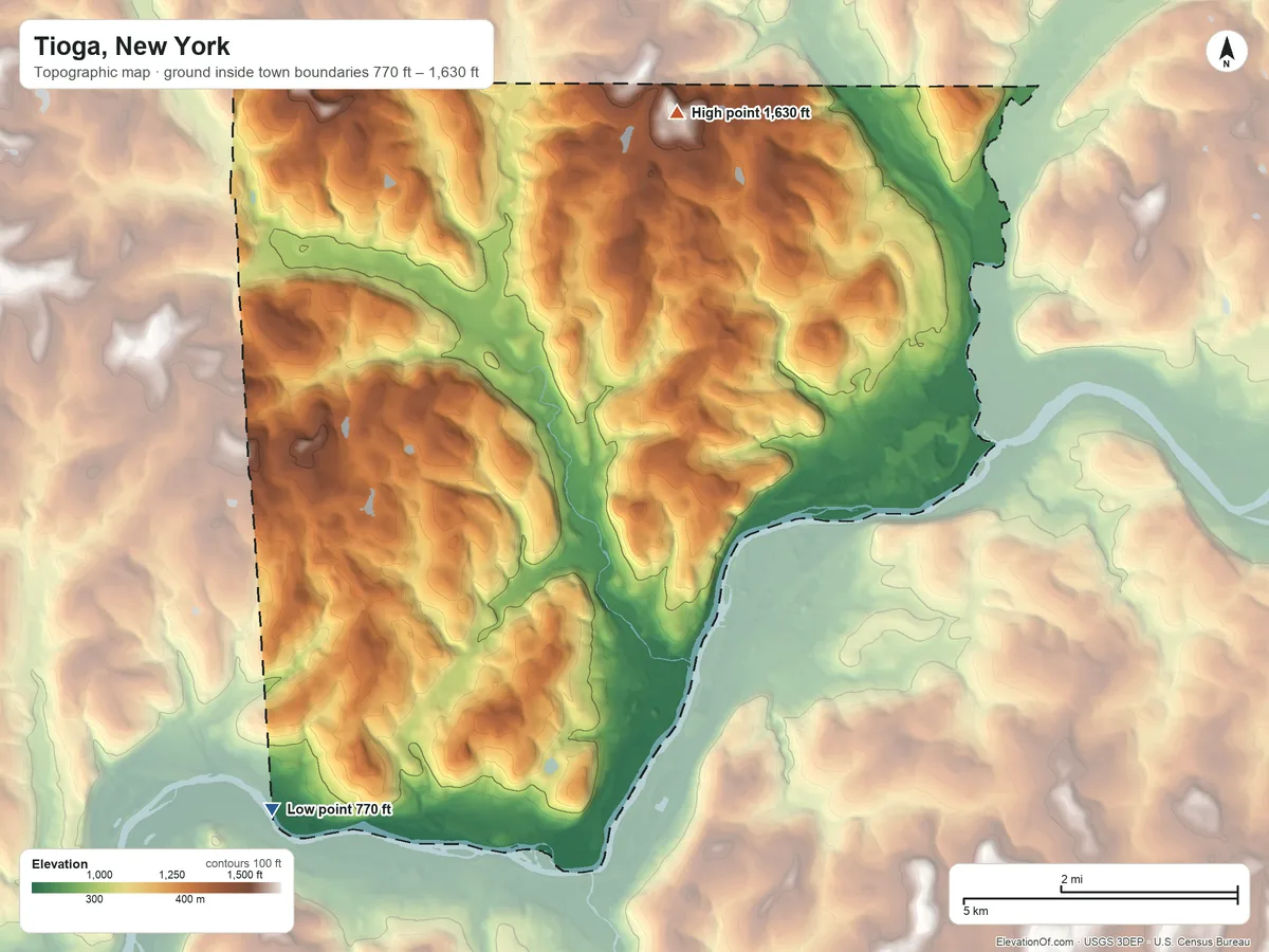 Topographic elevation map of Tioga, New York, shaded from 770 ft on the southwest side to 1,630 ft on the north side