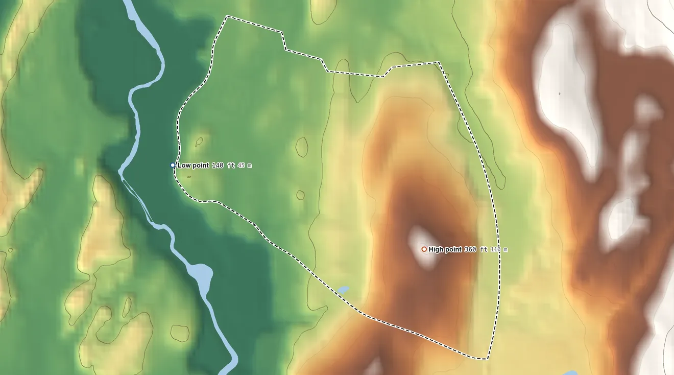 Topographic elevation map of Titusville, New York, shaded from 140 ft on the west side to 360 ft on Clover Hill
