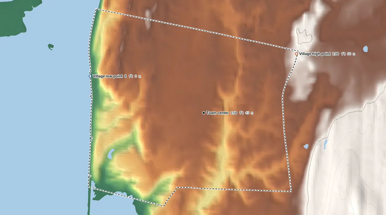 Topographic elevation map of Tivoli, New York, shaded from sea level level on North Bay to 190 ft on the northeast side