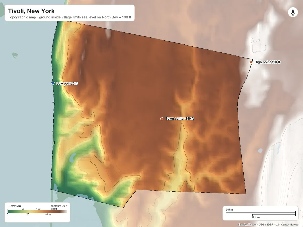 Topographic elevation map of Tivoli, New York, shaded from sea level level on North Bay to 190 ft on the northeast side