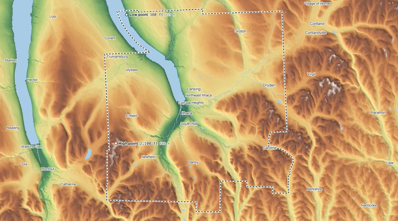 Topographic elevation map of Tompkins County, New York, shaded from 380 ft on the northwest side to 2,100 ft on Connecticut Hill
