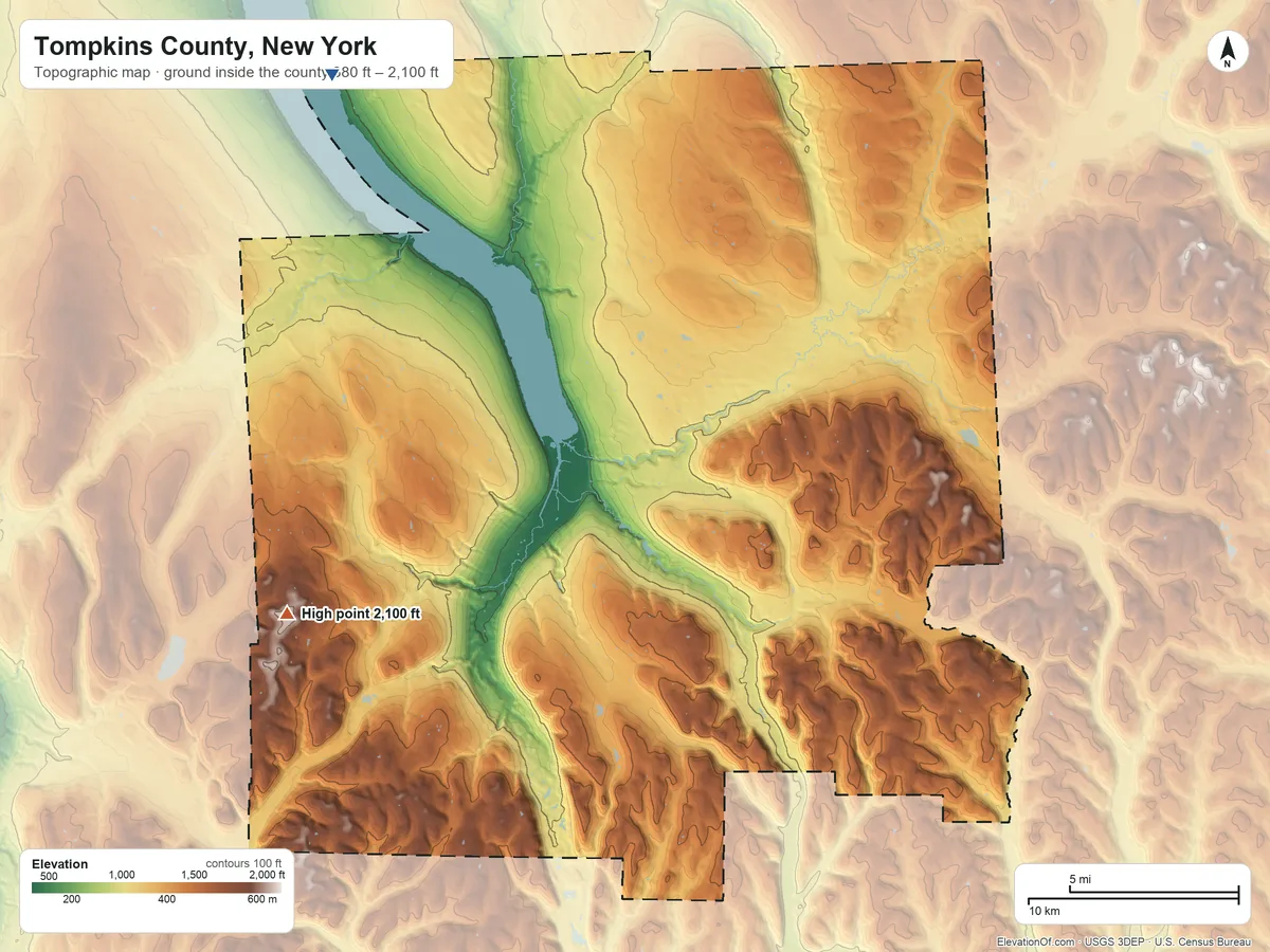 Topographic elevation map of Tompkins County, New York, shaded from 380 ft on the northwest side to 2,100 ft on Connecticut Hill