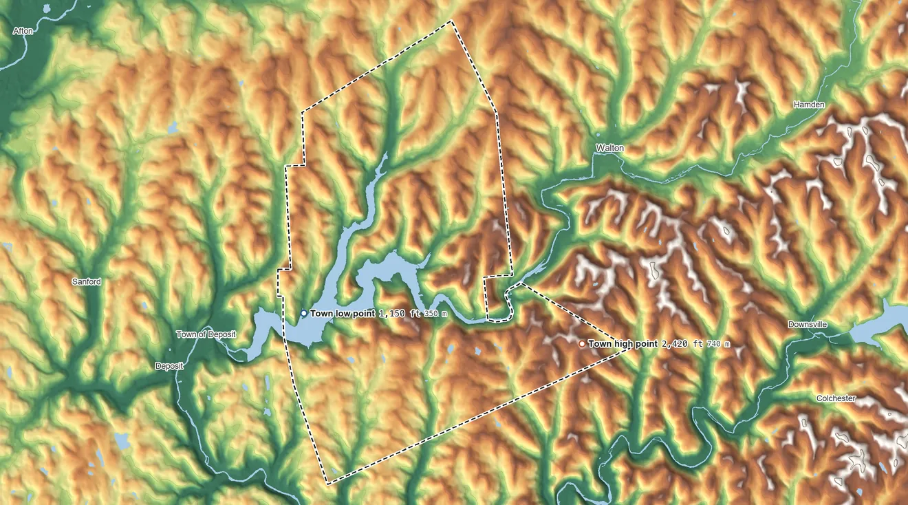 Topographic elevation map of Tompkins, New York, shaded from 1,150 ft on the southwest side to 2,420 ft on the southeast side