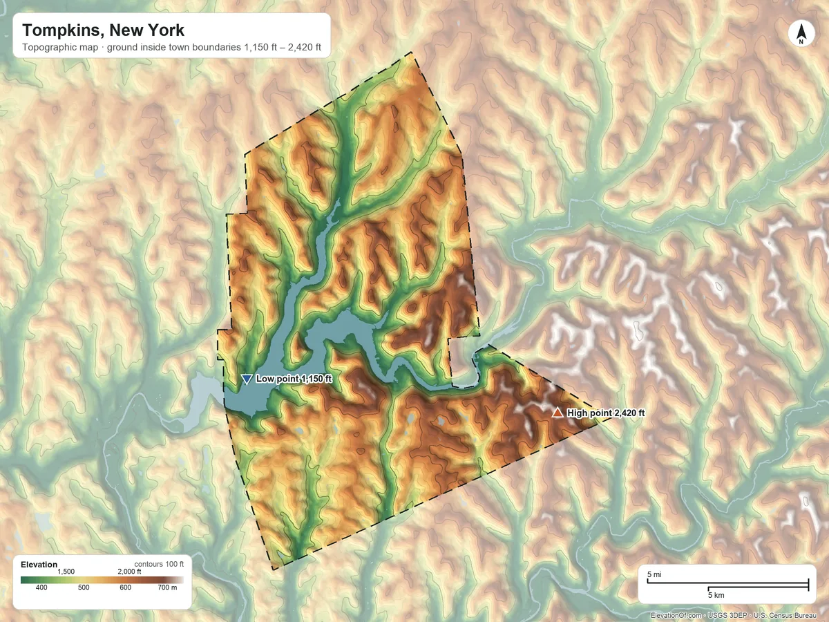 Topographic elevation map of Tompkins, New York, shaded from 1,150 ft on the southwest side to 2,420 ft on the southeast side