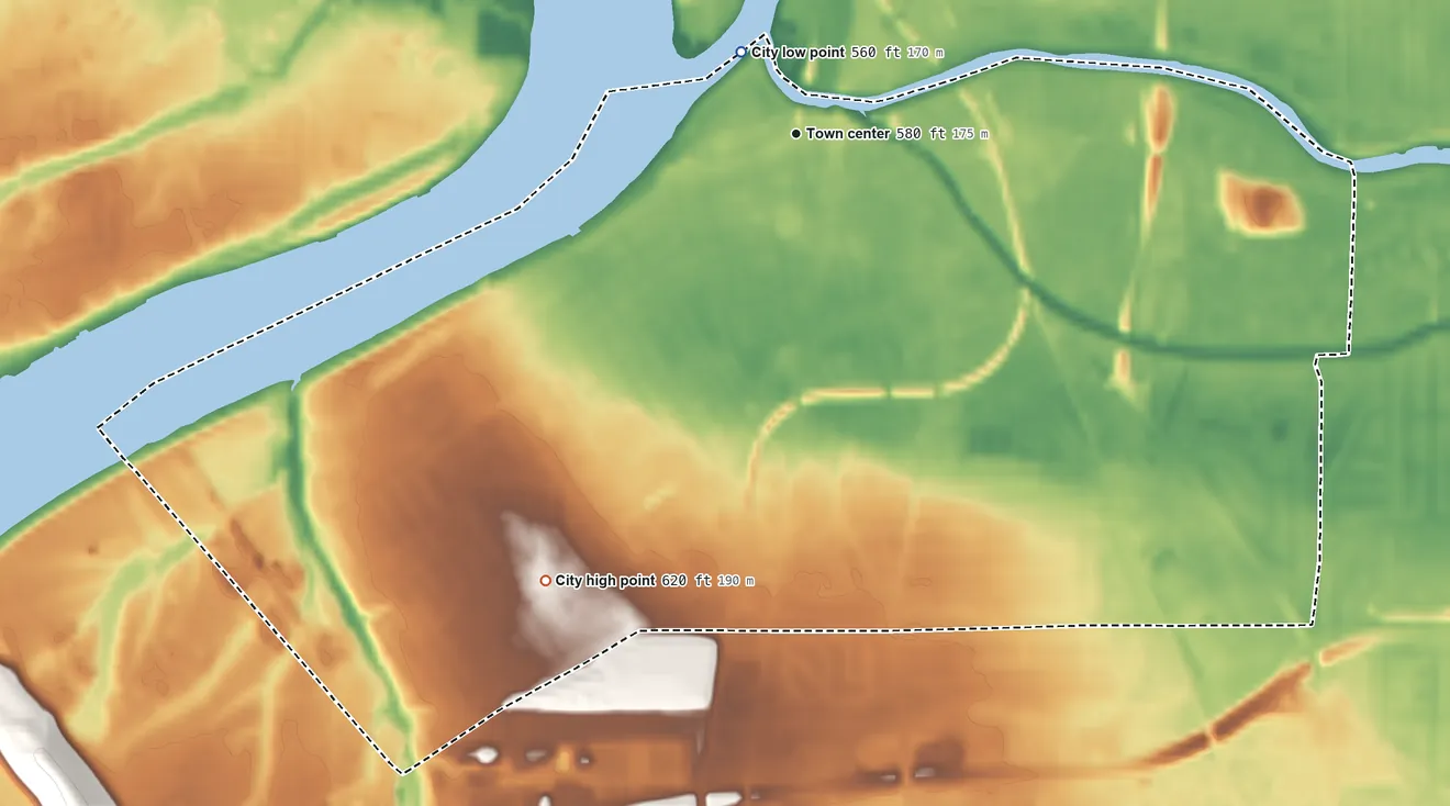 Topographic elevation map of City of Tonawanda, New York, shaded from 560 ft near the middle to 620 ft on the southwest side