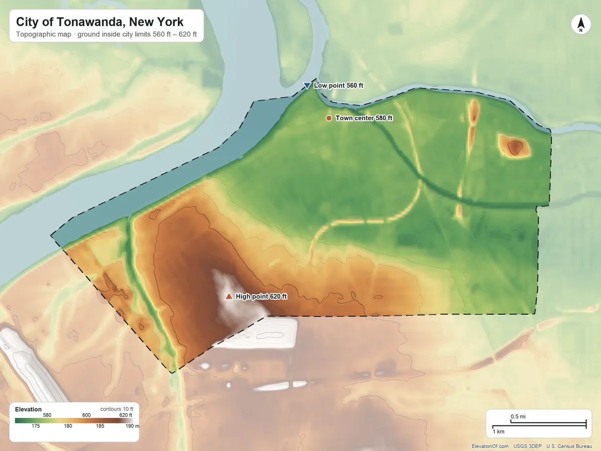 Topographic elevation map of City of Tonawanda, New York, shaded from 560 ft near the middle to 620 ft on the southwest side