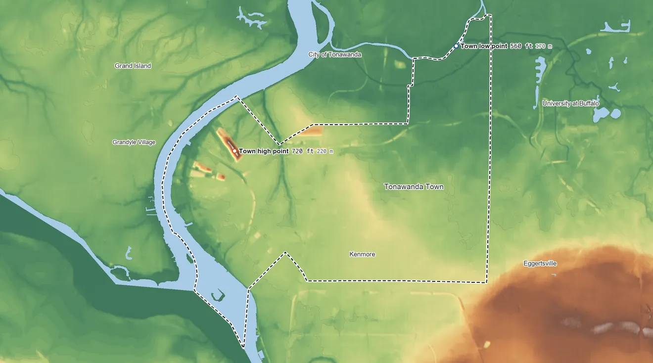 Topographic elevation map of Tonawanda, New York, shaded from 560 ft on the north side to 720 ft on the west side