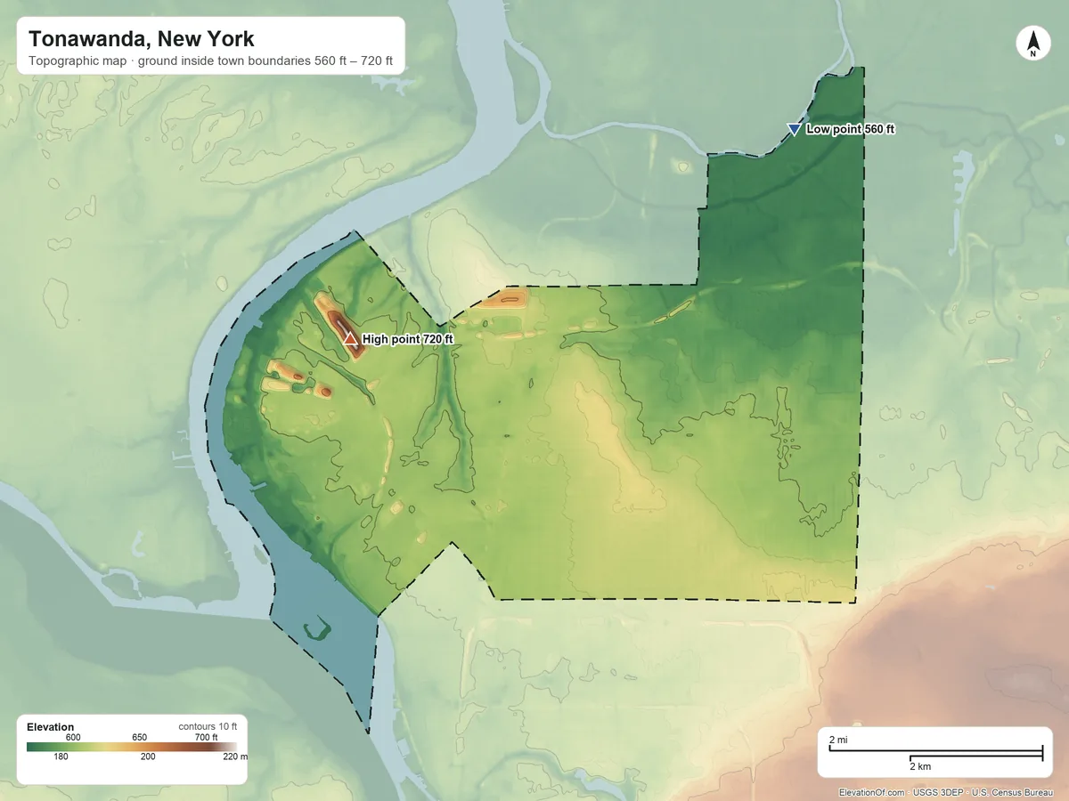 Topographic elevation map of Tonawanda, New York, shaded from 560 ft on the north side to 720 ft on the west side