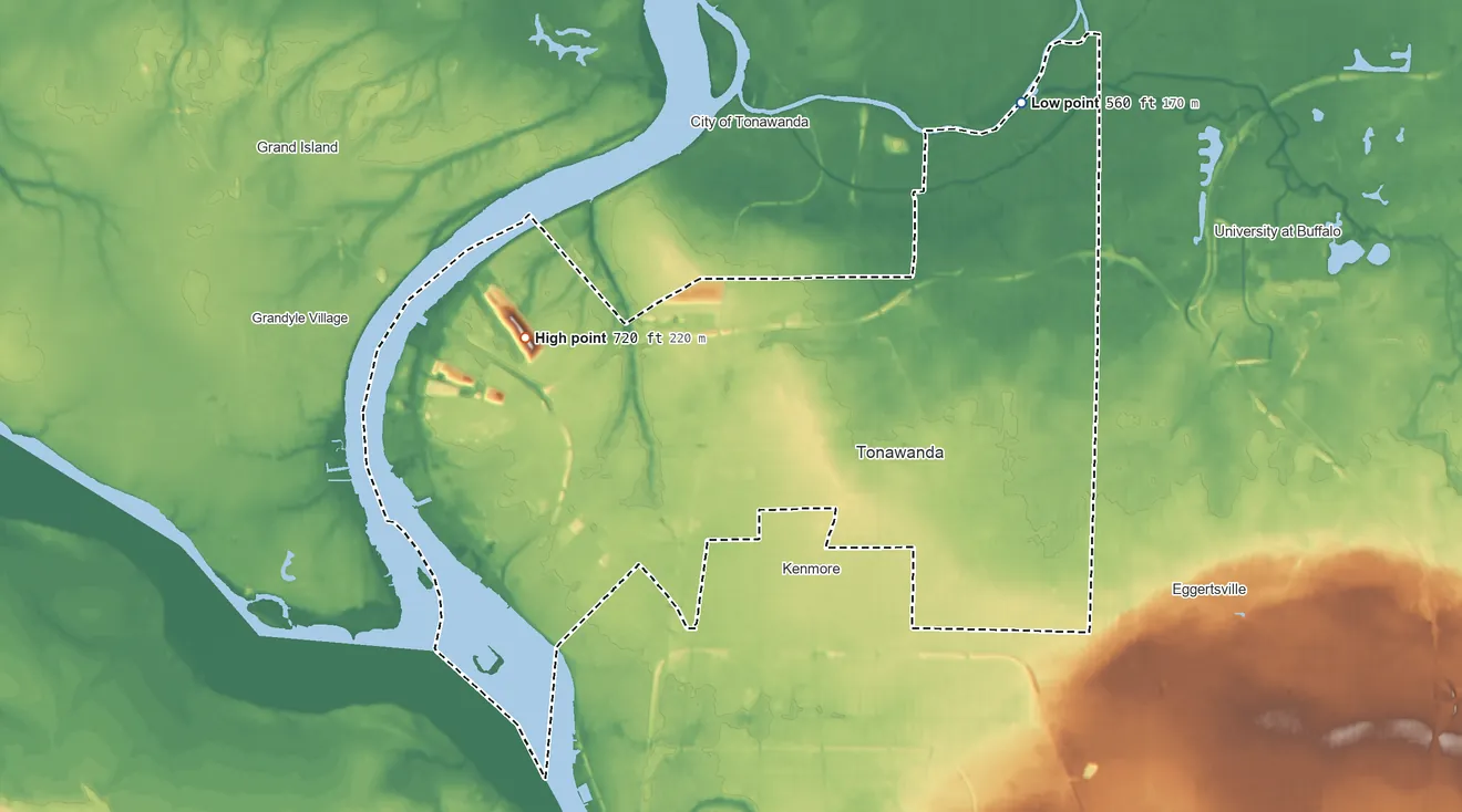 Topographic elevation map of Tonawanda Town, New York, shaded from 560 ft on the north side to 720 ft on the west side