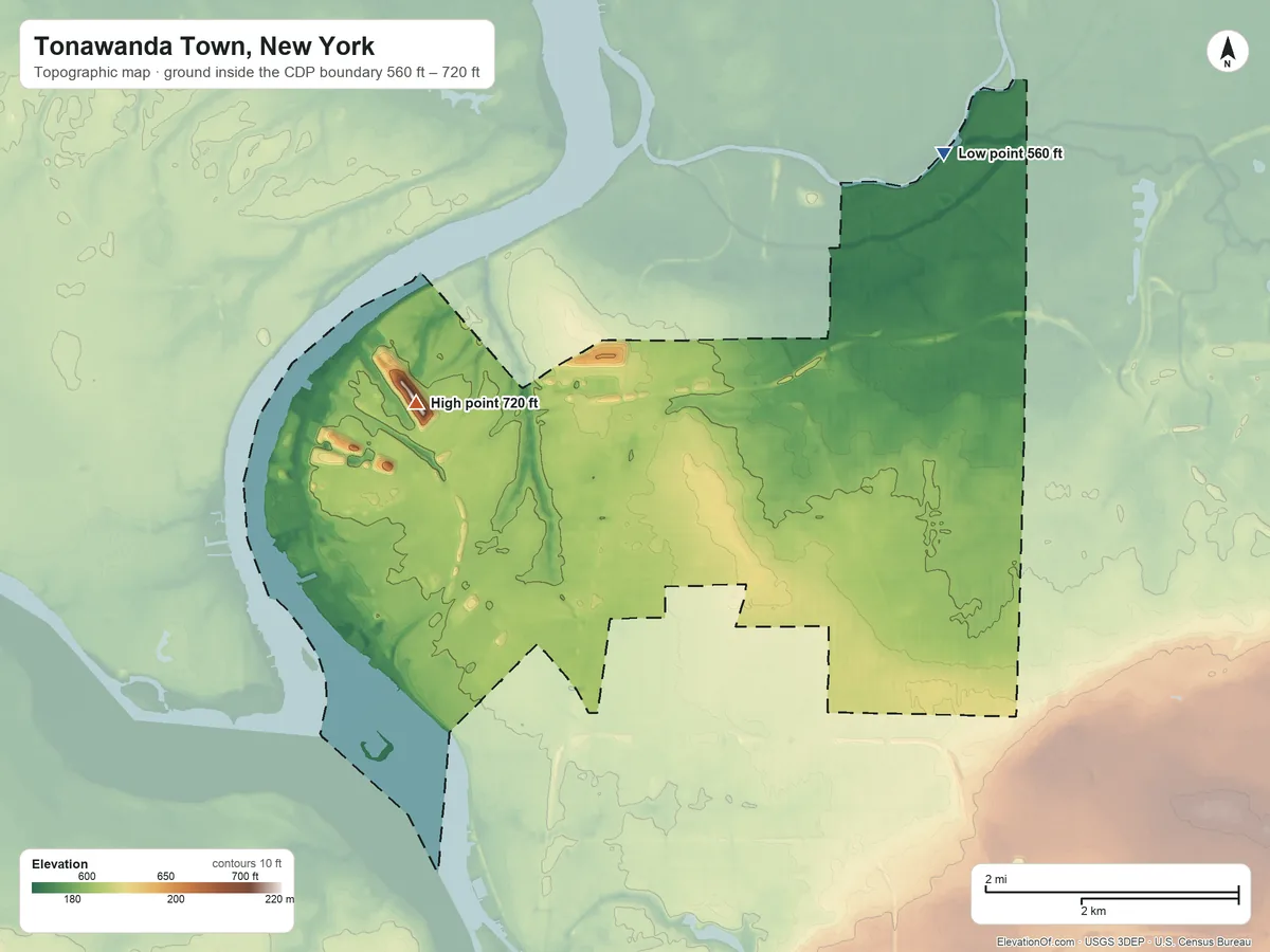 Topographic elevation map of Tonawanda Town, New York, shaded from 560 ft on the north side to 720 ft on the west side