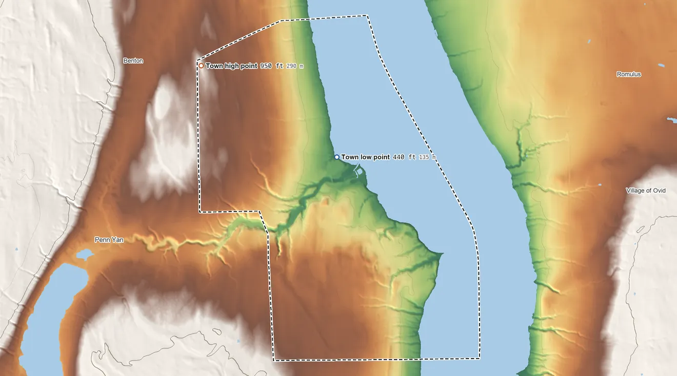 Topographic elevation map of Torrey, New York, shaded from 440 ft near the middle to 950 ft on the northwest side