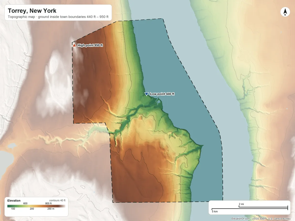 Topographic elevation map of Torrey, New York, shaded from 440 ft near the middle to 950 ft on the northwest side
