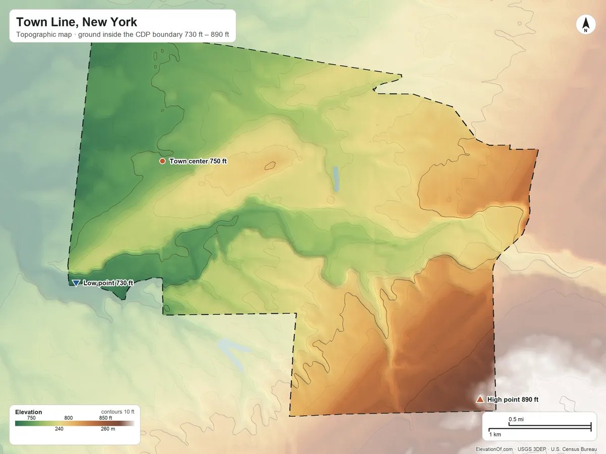 Topographic elevation map of Town Line, New York, shaded from 730 ft on the southwest side to 890 ft on the southeast side