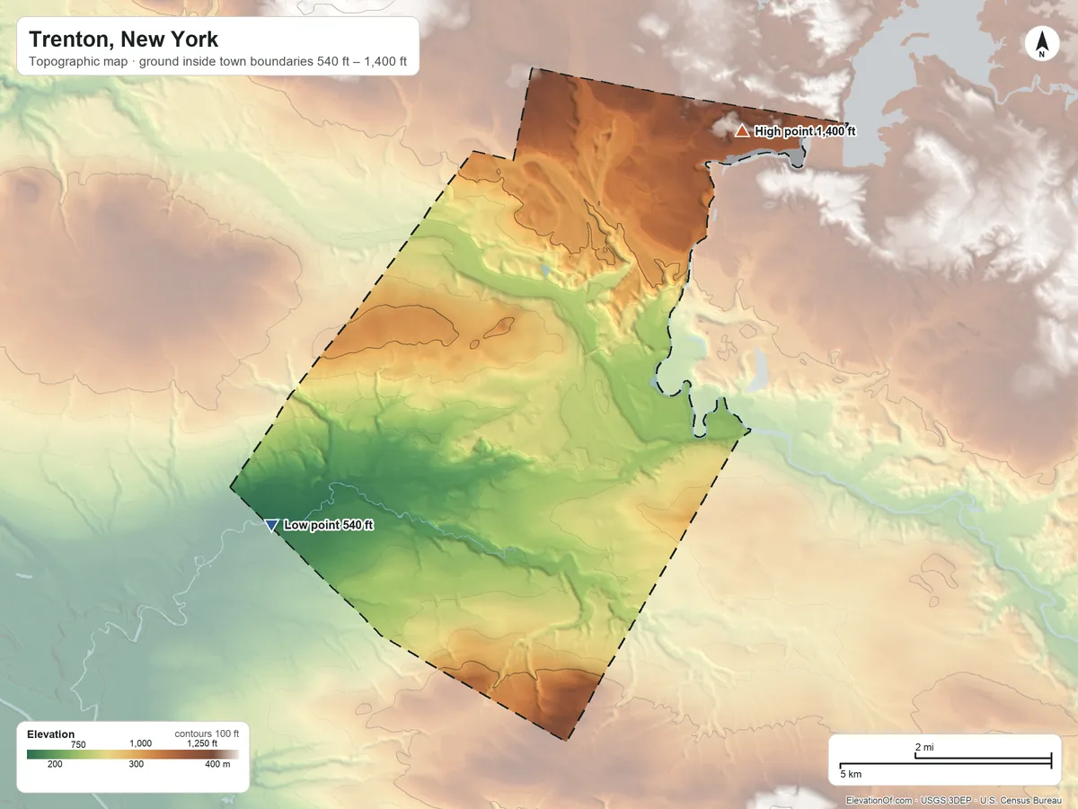 Topographic elevation map of Trenton, New York, shaded from 540 ft on the southwest side to 1,400 ft on the northeast side