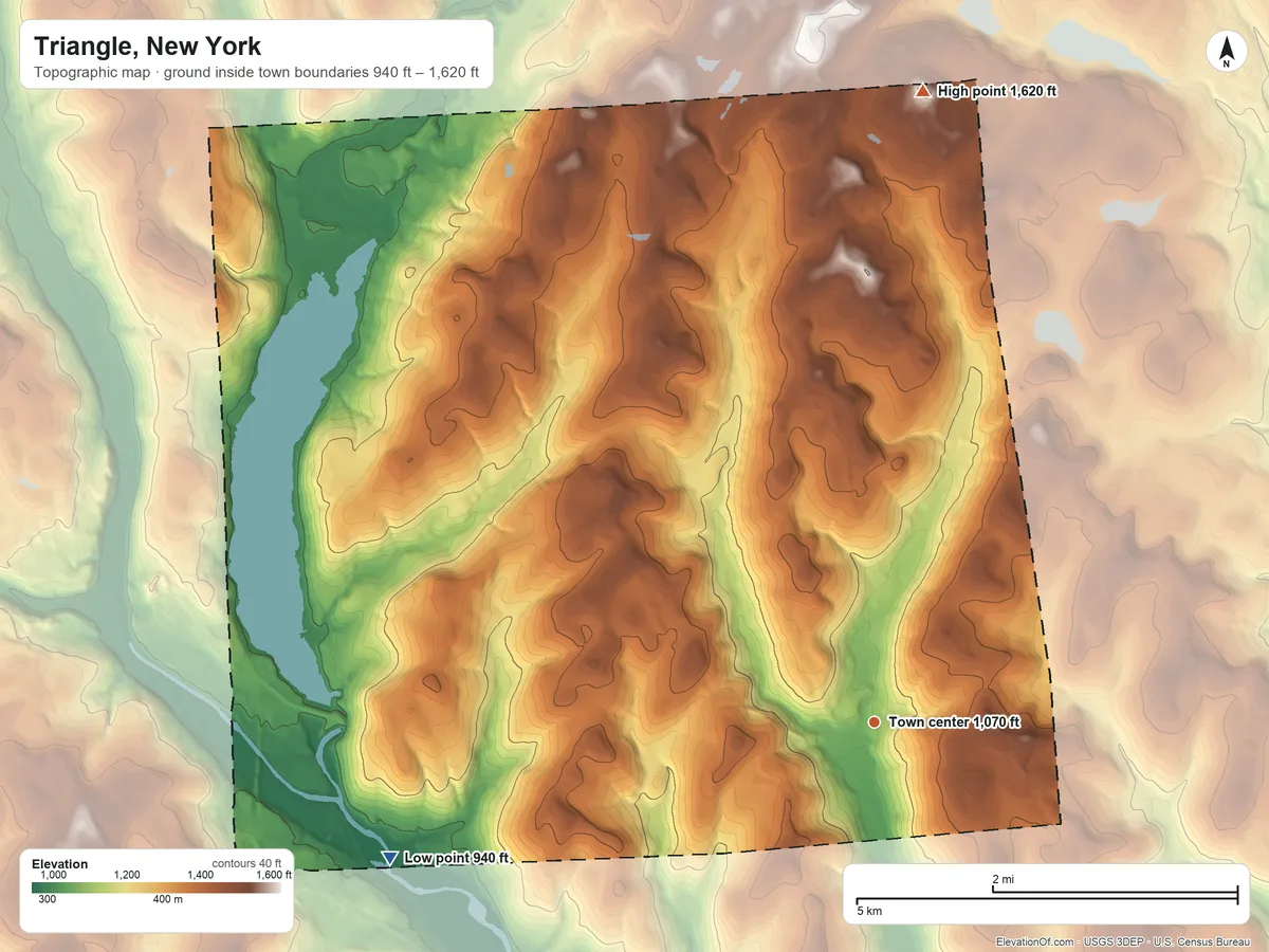 Topographic elevation map of Triangle, New York, shaded from 940 ft on the west side to 1,620 ft on the north side