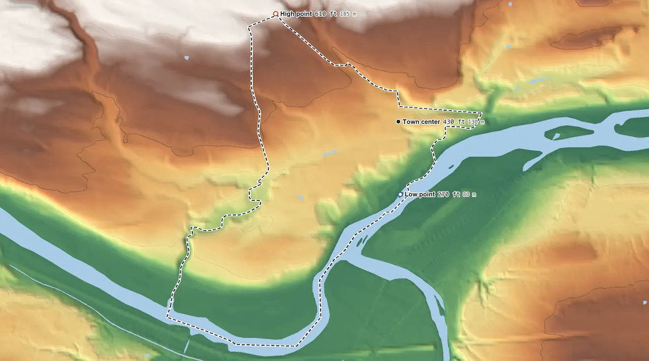 Topographic elevation map of Tribes Hill, New York, shaded from 270 ft on the south side to 610 ft on the northwest side