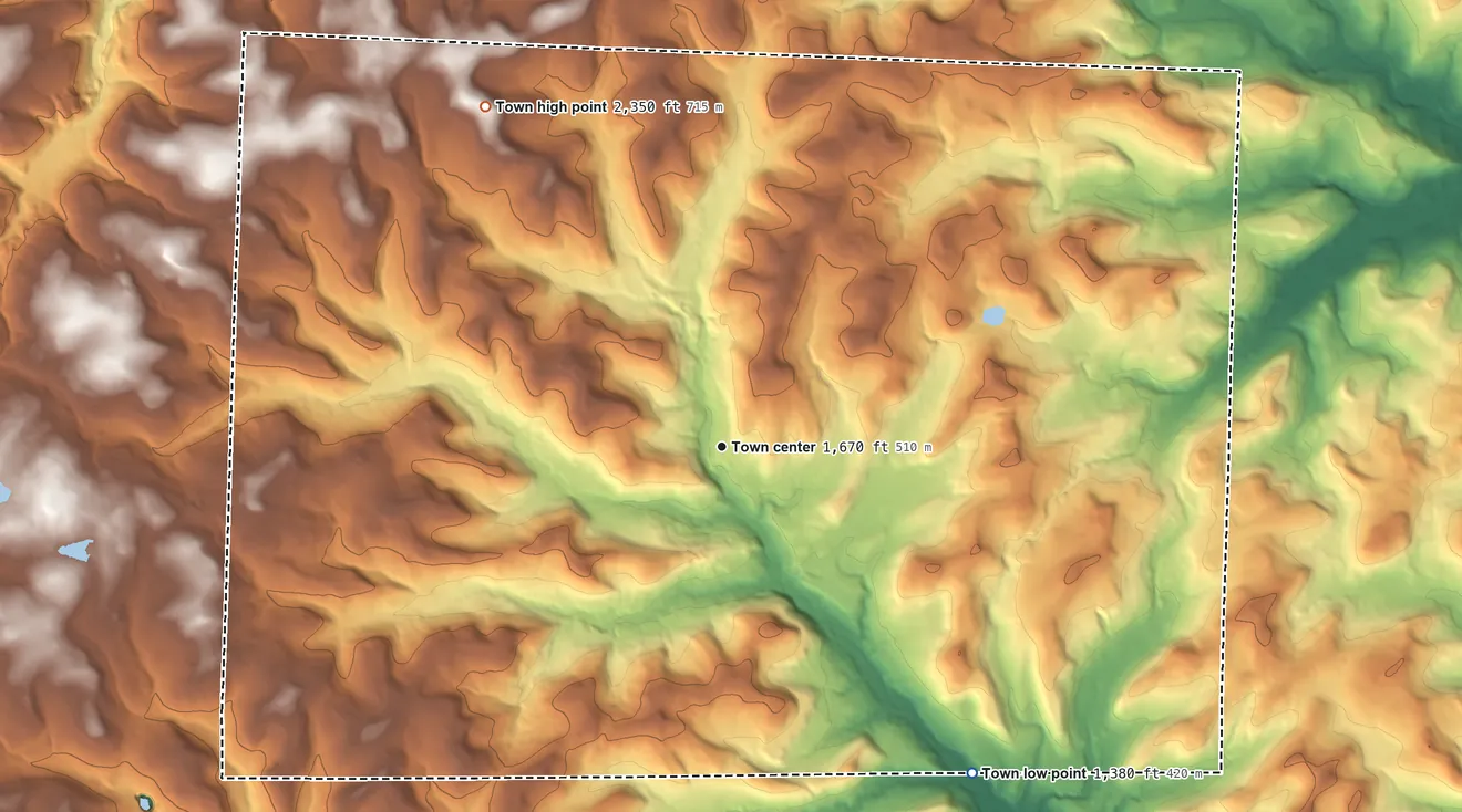 Topographic elevation map of Troupsburg, New York, shaded from 1,380 ft on the southeast side to 2,350 ft on the northwest side