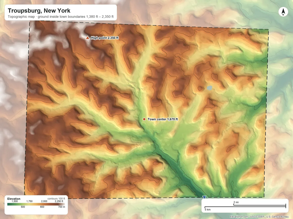 Topographic elevation map of Troupsburg, New York, shaded from 1,380 ft on the southeast side to 2,350 ft on the northwest side