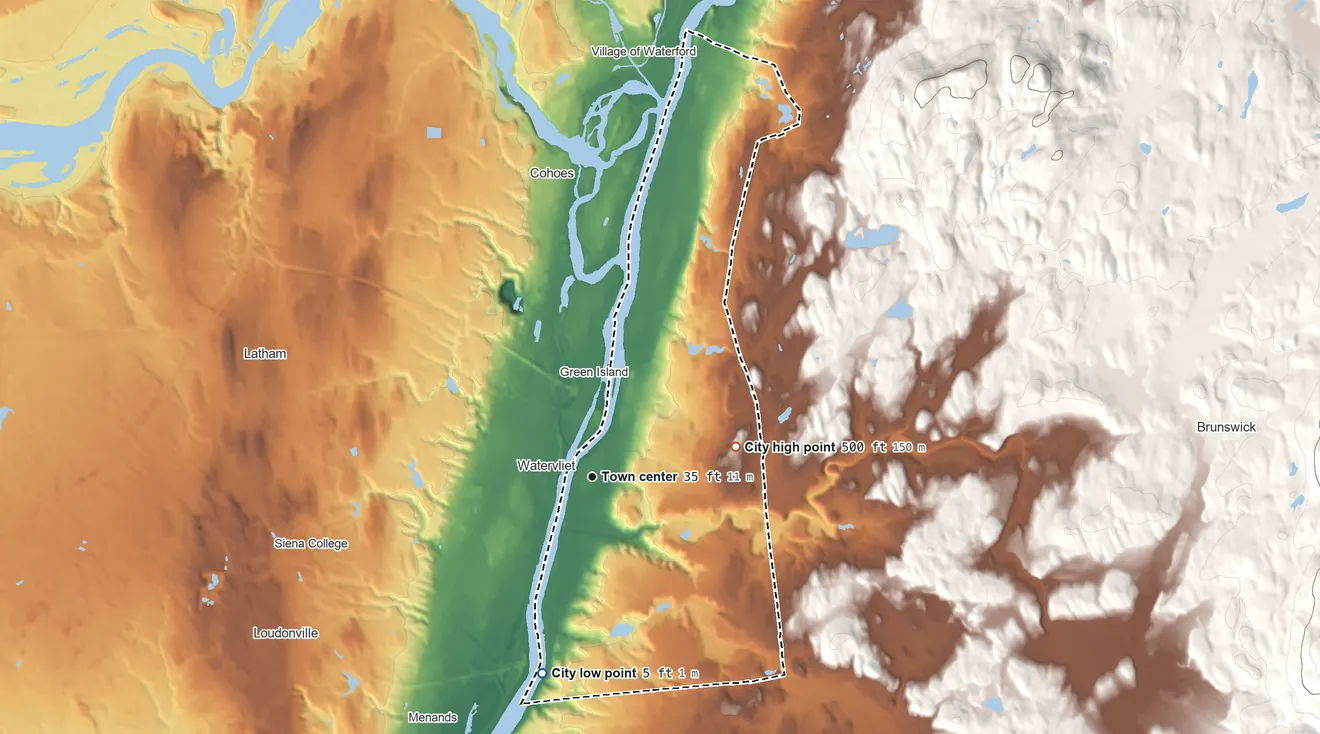 Topographic elevation map of Troy, New York, shaded from 5 ft on the south side to 500 ft on the east side