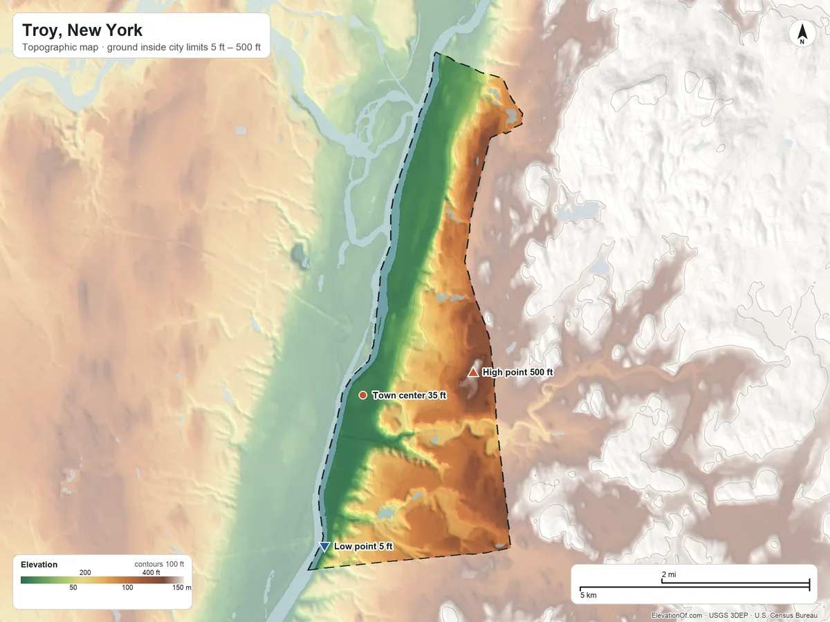 Topographic elevation map of Troy, New York, shaded from 5 ft on the south side to 500 ft on the east side
