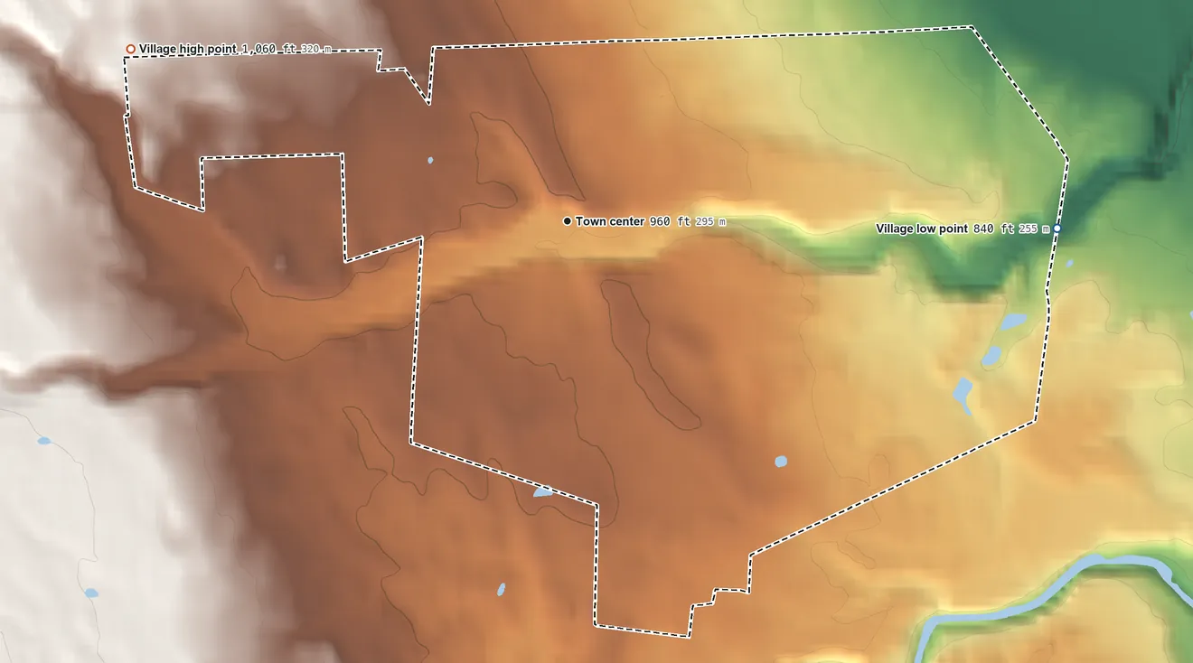 Topographic elevation map of Trumansburg, New York, shaded from 840 ft on the east side to 1,060 ft on the west side