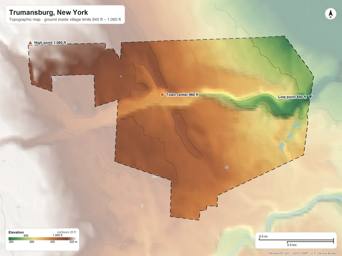 Topographic elevation map of Trumansburg, New York, shaded from 840 ft on the east side to 1,060 ft on the west side