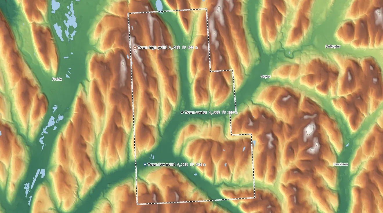 Topographic elevation map of Truxton, New York, shaded from 1,130 ft on the southwest side to 2,020 ft on Truxton Hill