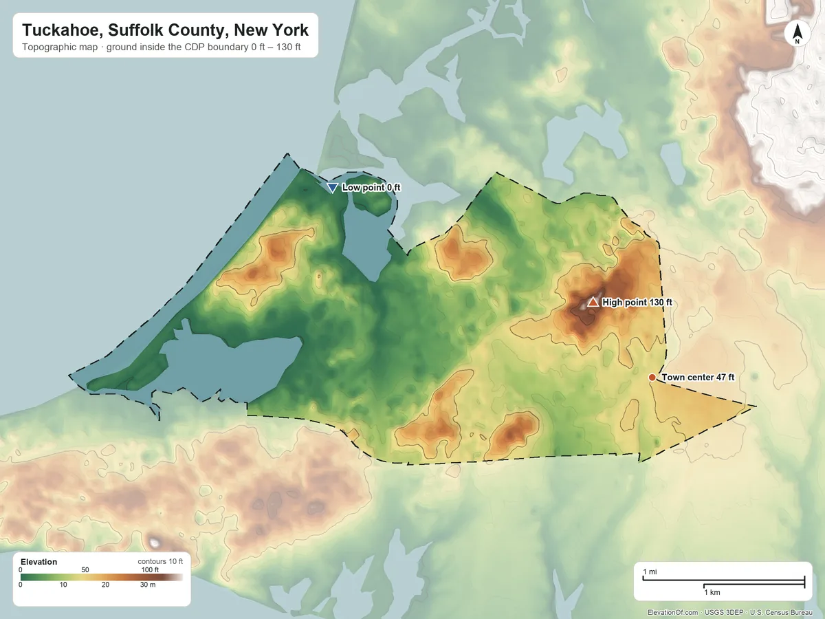 Topographic elevation map of Tuckahoe, Suffolk County, New York, shaded from 0 ft on the northwest side to 130 ft on the northwest side