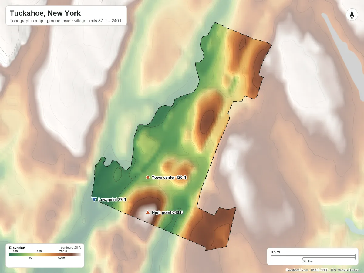 Topographic elevation map of Tuckahoe, New York, shaded from 87 ft on the west side to 240 ft on the south side