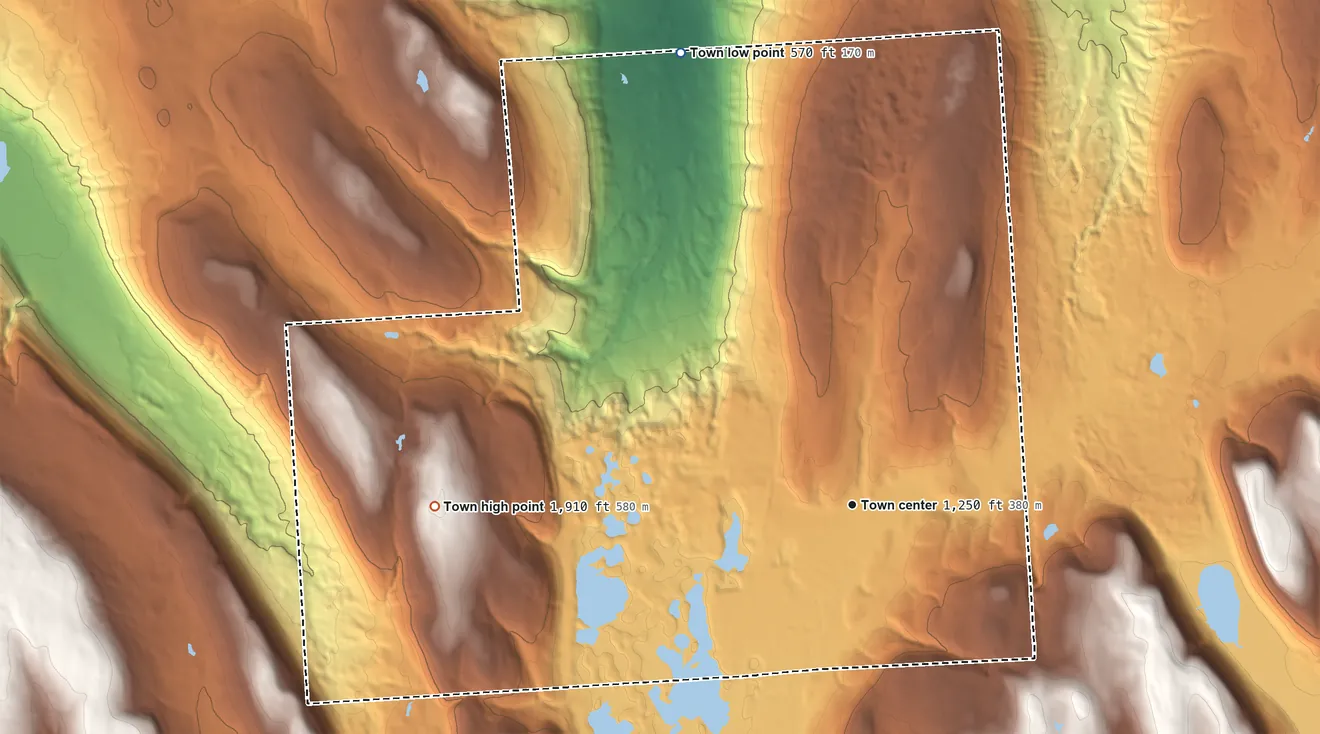 Topographic elevation map of Tully, New York, shaded from 570 ft on the north side to 1,910 ft on the west side