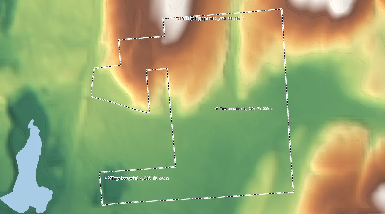 Topographic elevation map of Village of Tully, New York, shaded from 1,210 ft on the southwest side to 1,440 ft on the northwest edge, below higher ground just outside