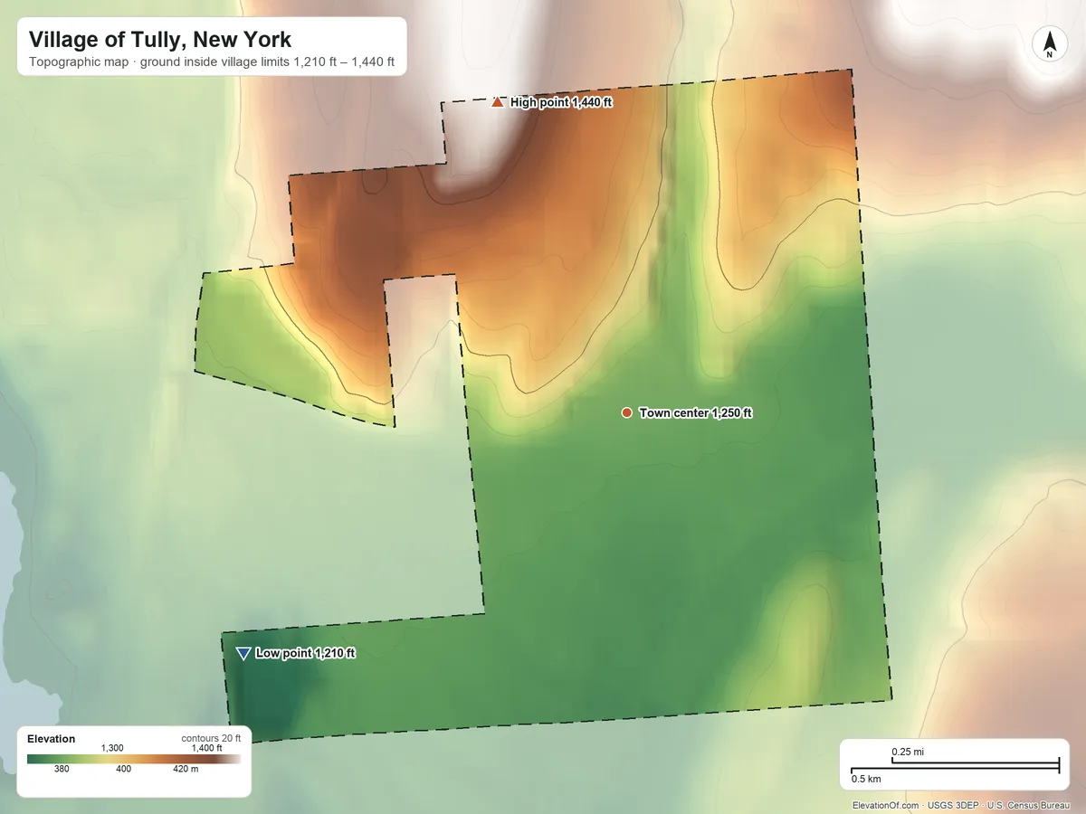 Topographic elevation map of Village of Tully, New York, shaded from 1,210 ft on the southwest side to 1,440 ft on the northwest edge, below higher ground just outside