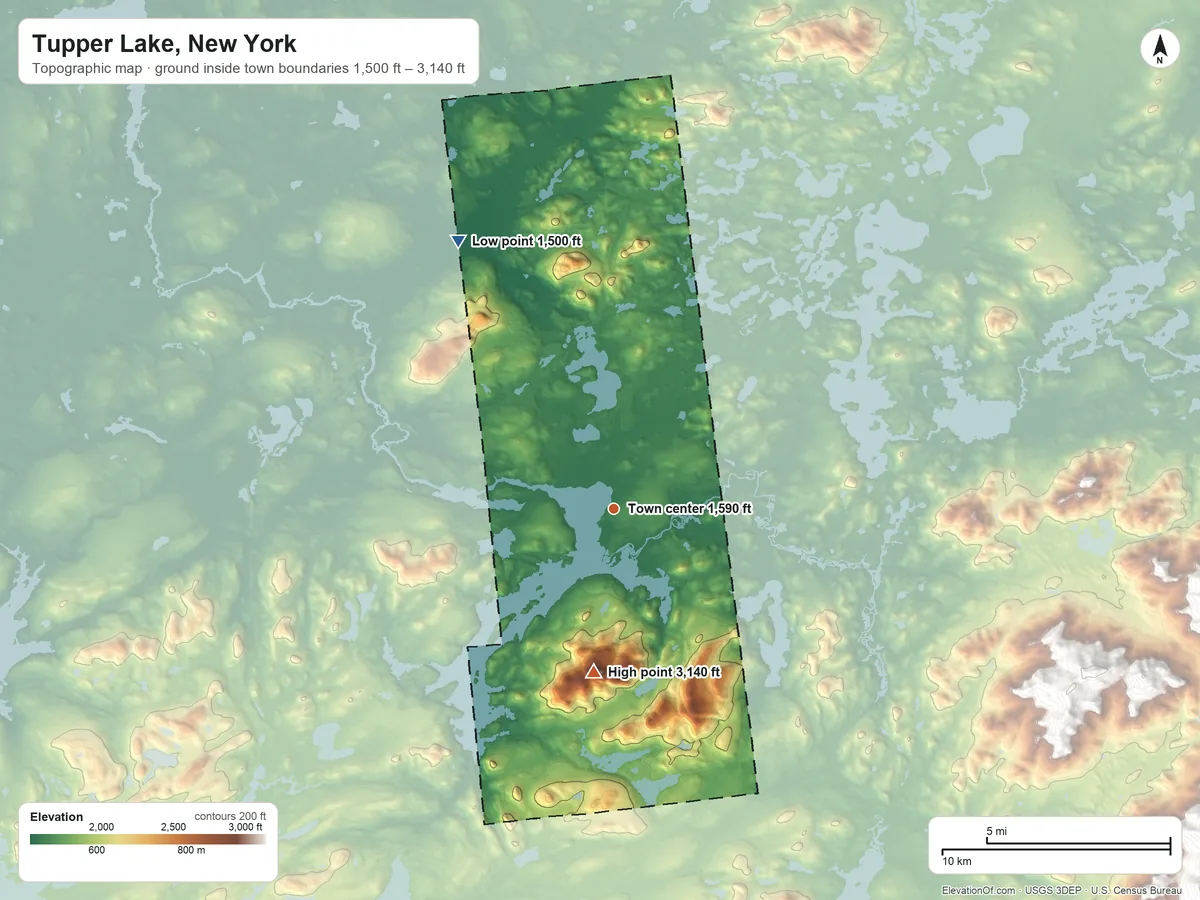 Topographic elevation map of Tupper Lake, New York, shaded from 1,500 ft on the northwest side to 3,140 ft on Mount Morris