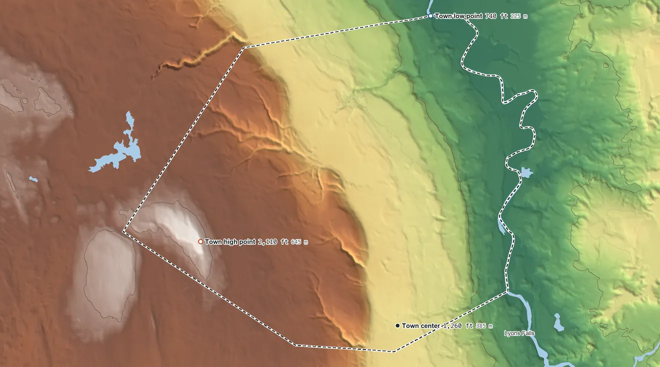 Topographic elevation map of Turin, New York, shaded from 740 ft on the north side to 2,110 ft on Gomer Hill