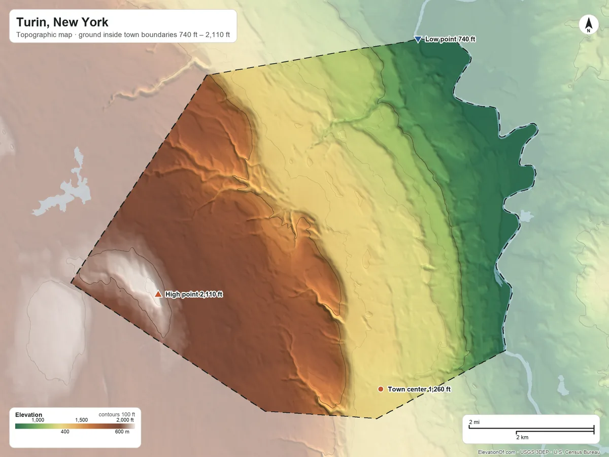 Topographic elevation map of Turin, New York, shaded from 740 ft on the north side to 2,110 ft on Gomer Hill