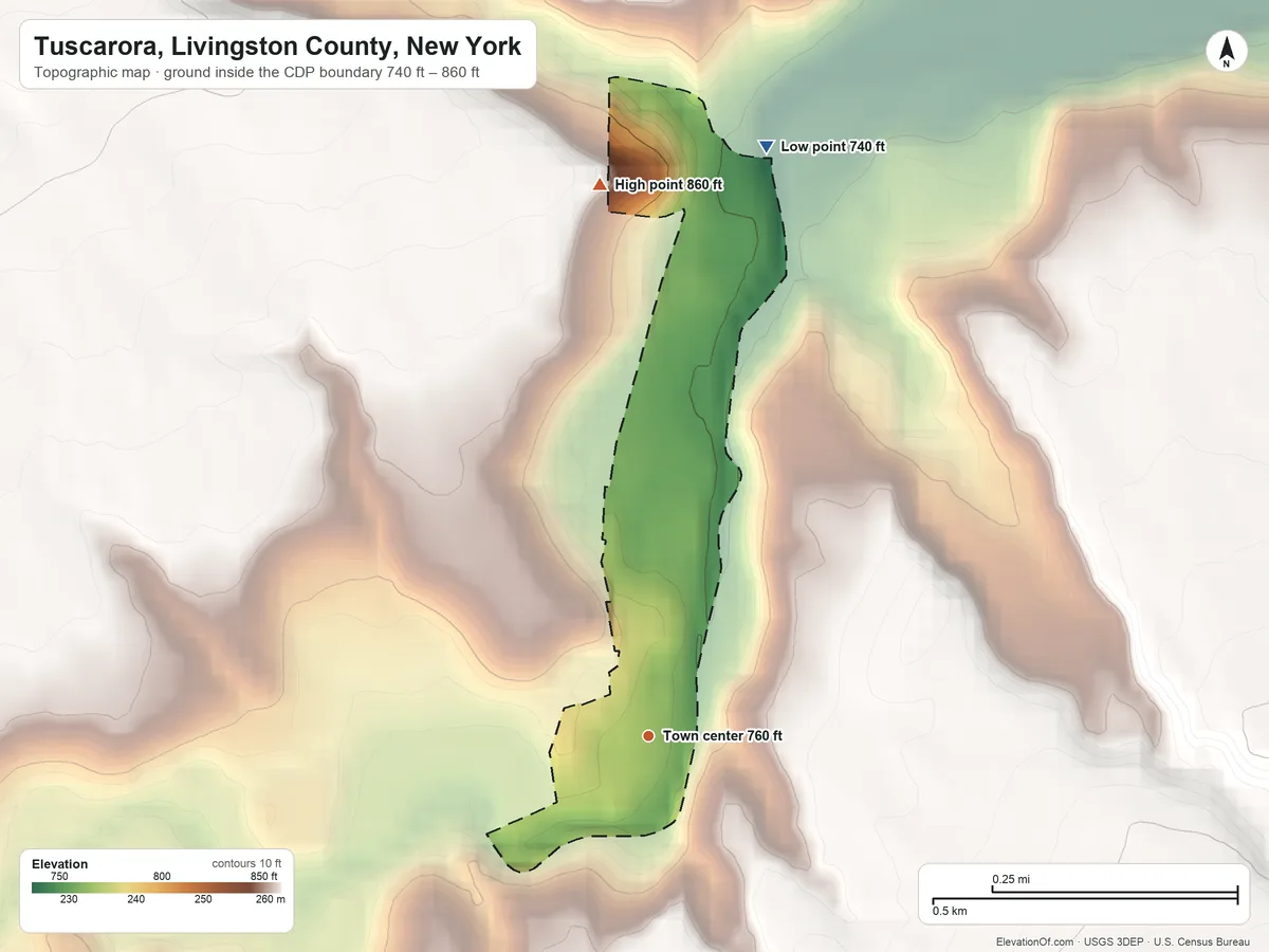 Topographic elevation map of Tuscarora, Livingston County, New York, shaded from 740 ft on the north side to 860 ft on the north edge, below higher ground just outside