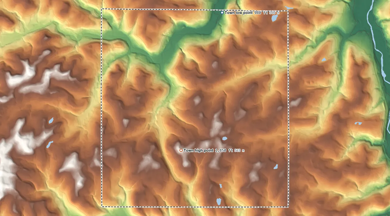 Topographic elevation map of Tuscarora, New York, shaded from 980 ft on the north side to 1,850 ft on Tuscarora Hill