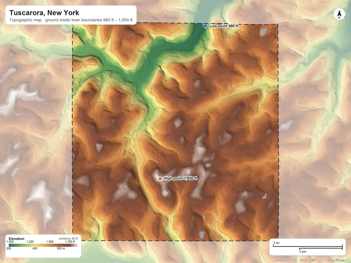 Topographic elevation map of Tuscarora, New York, shaded from 980 ft on the north side to 1,850 ft on Tuscarora Hill