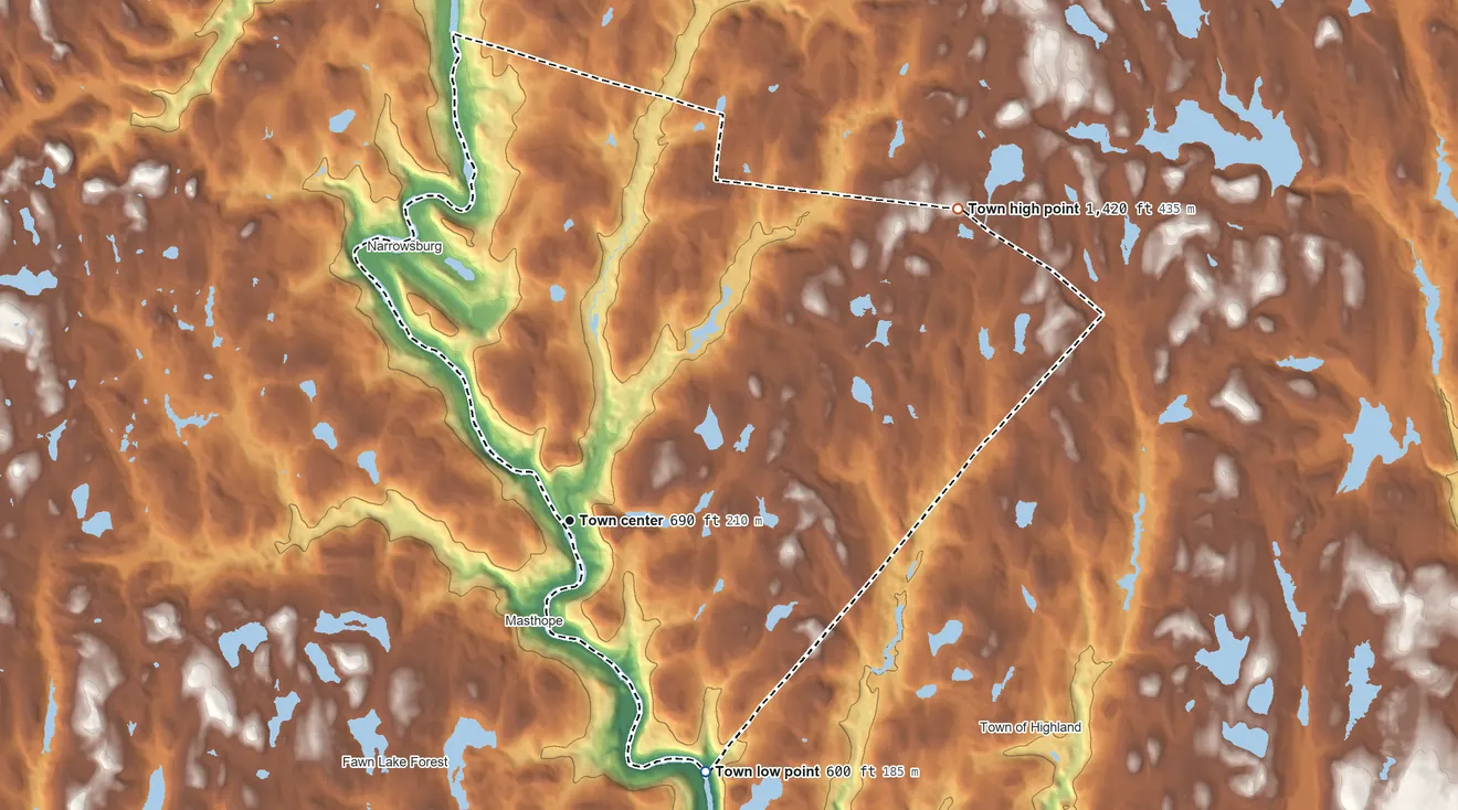 Topographic elevation map of Tusten, New York, shaded from 600 ft on the southeast side to 1,420 ft on the northeast side