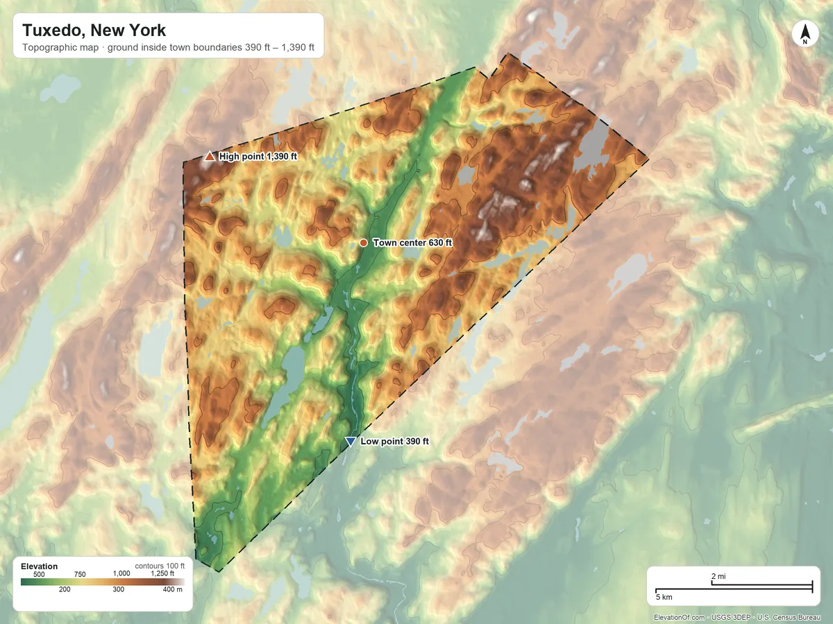 Topographic elevation map of Tuxedo, New York, shaded from 390 ft on the south side to 1,390 ft on the northwest side