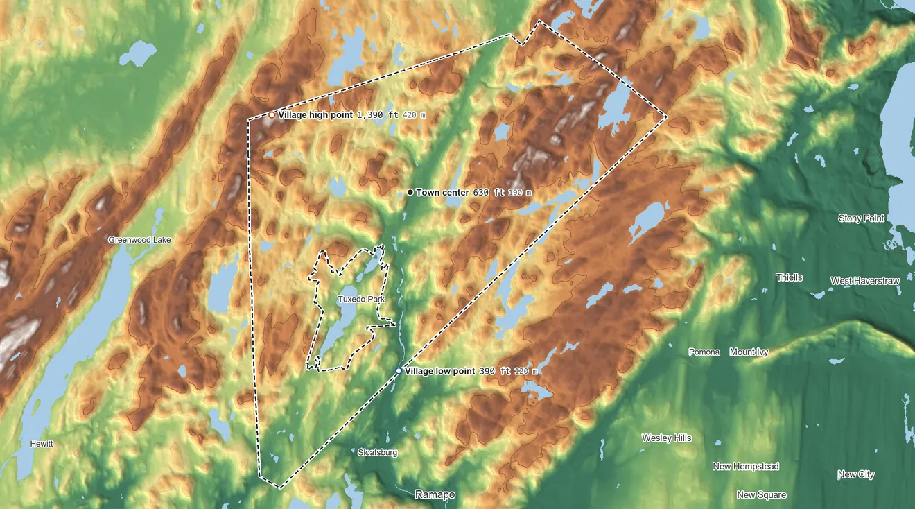 Topographic elevation map of Village of Tuxedo, New York, shaded from 390 ft on the south side to 1,390 ft on the northwest side