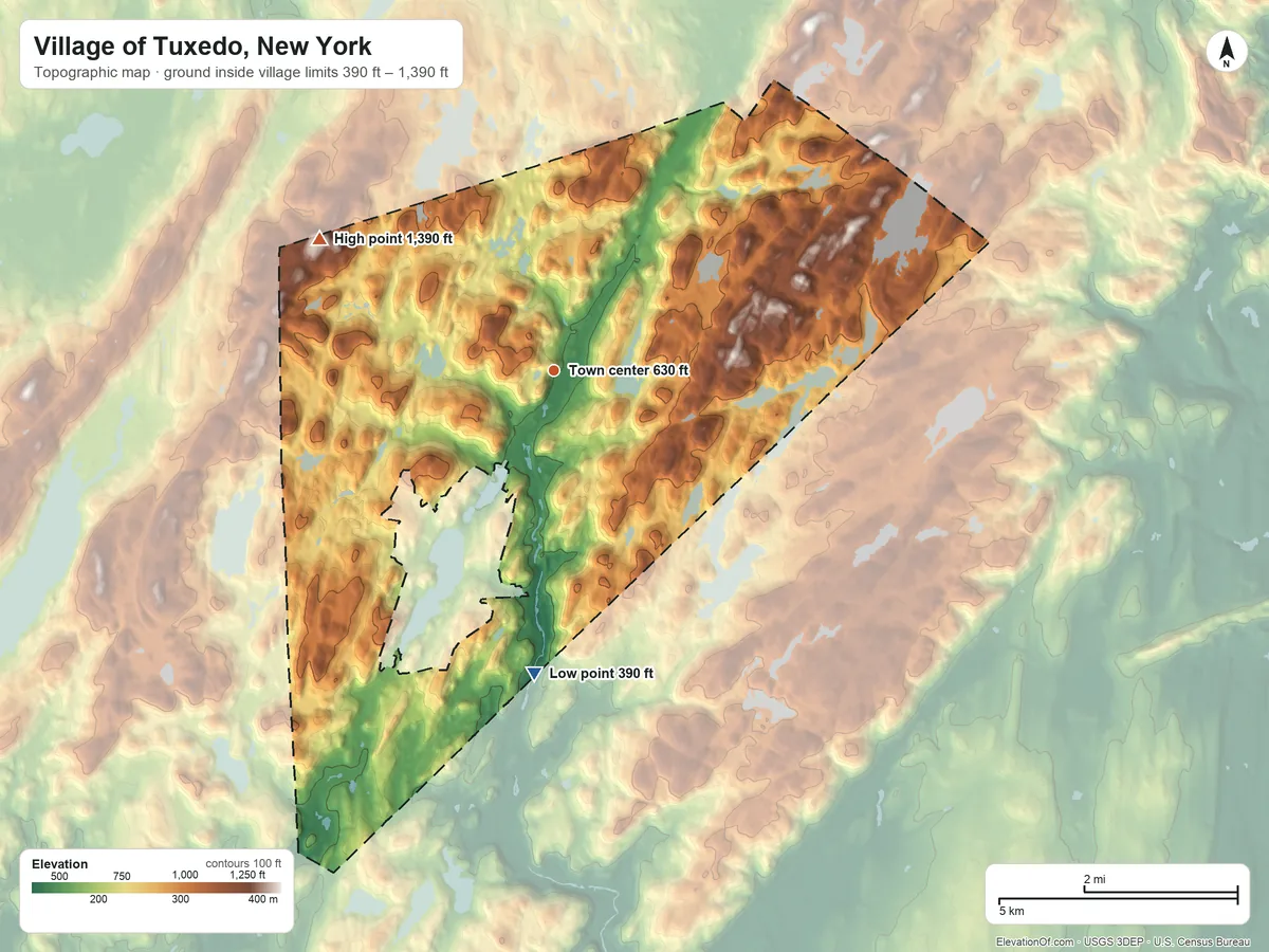 Topographic elevation map of Village of Tuxedo, New York, shaded from 390 ft on the south side to 1,390 ft on the northwest side