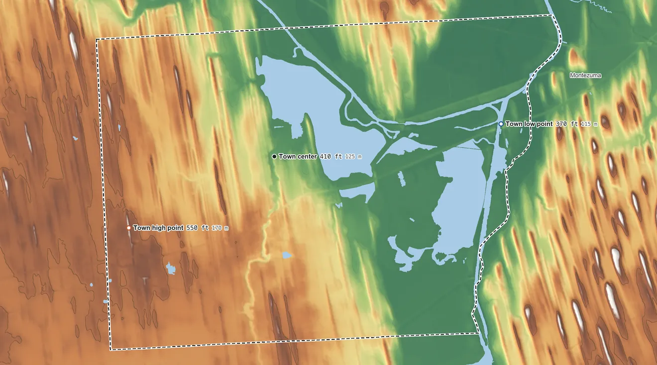 Topographic elevation map of Tyre, New York, shaded from 370 ft on the east side to 550 ft on the southwest side