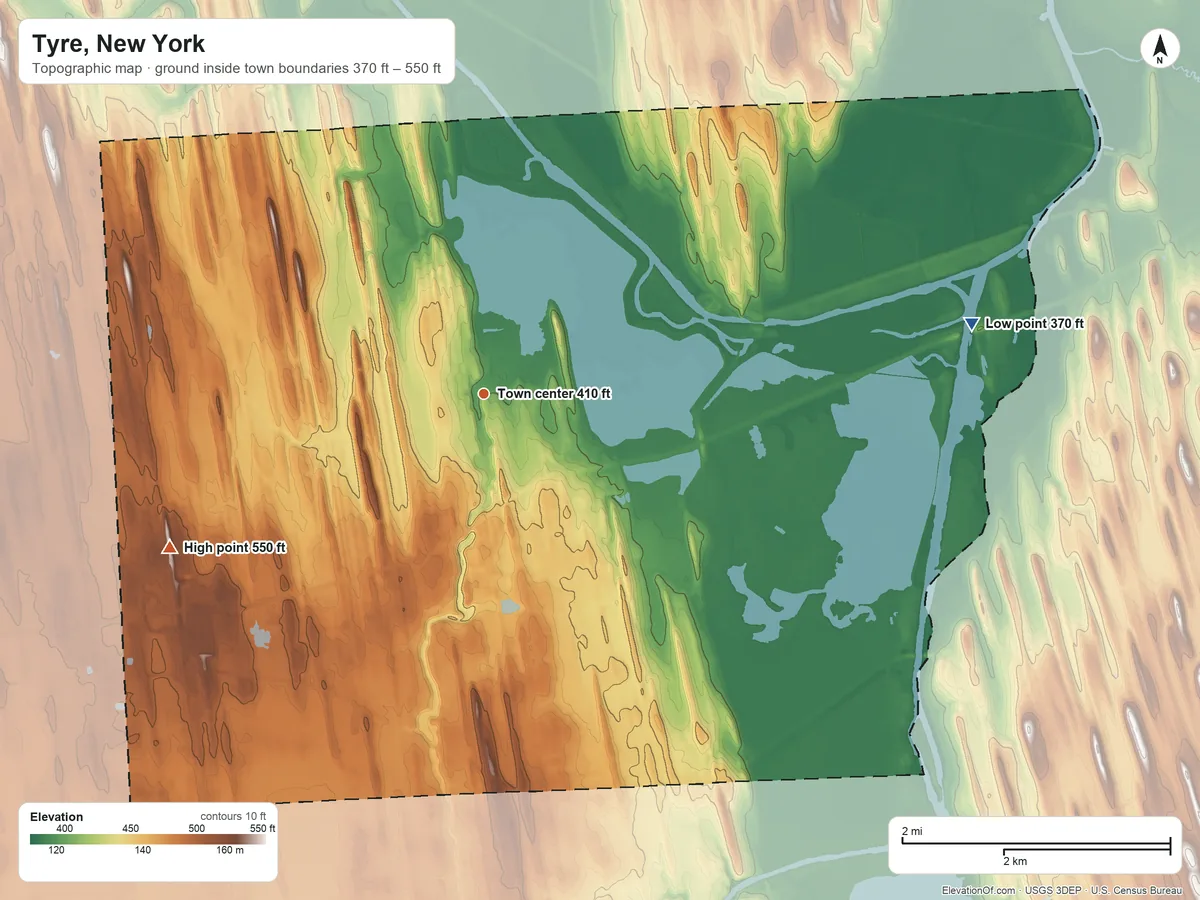 Topographic elevation map of Tyre, New York, shaded from 370 ft on the east side to 550 ft on the southwest side