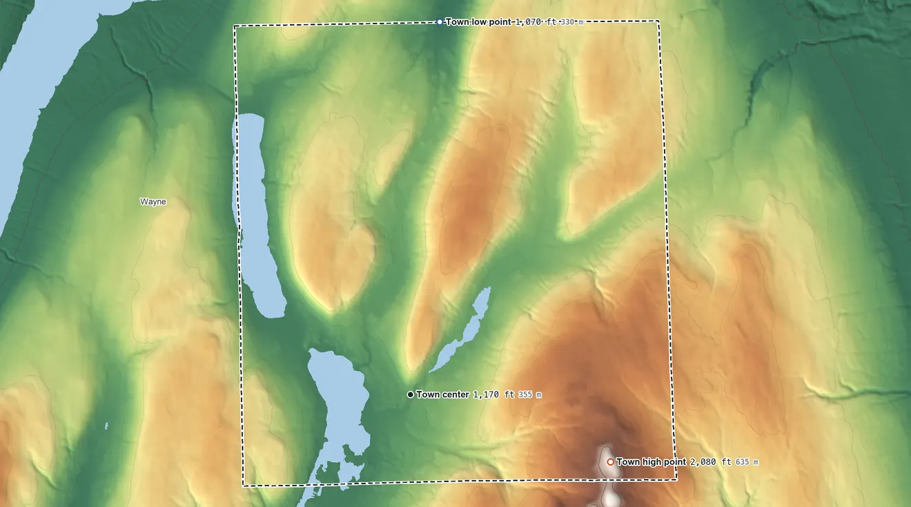 Topographic elevation map of Tyrone, New York, shaded from 1,070 ft on the north side to 2,080 ft on the east side